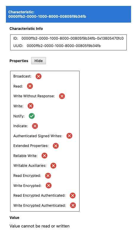 A screenshot of the characteristic in the Chrome Bluetooth Internals panel showing a list of properties with checkmarks and crosses to indicate which features are supported