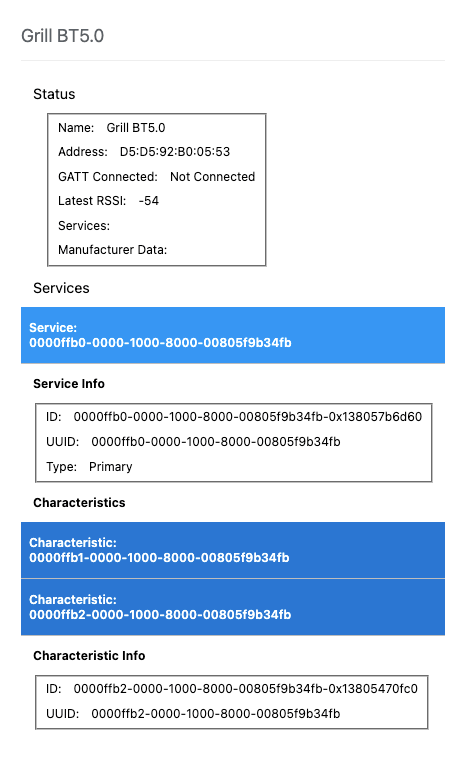 A screenshot of the Chrome Bluetooth Internals showing the device, services, characteristics and their matching identifiers